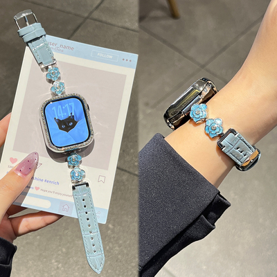 适用iwatch苹果手表表带s11新款s10女款山茶花AppleWatchS9金属拼皮质Ultra3保护壳套JY秋冬季se3高级感专用