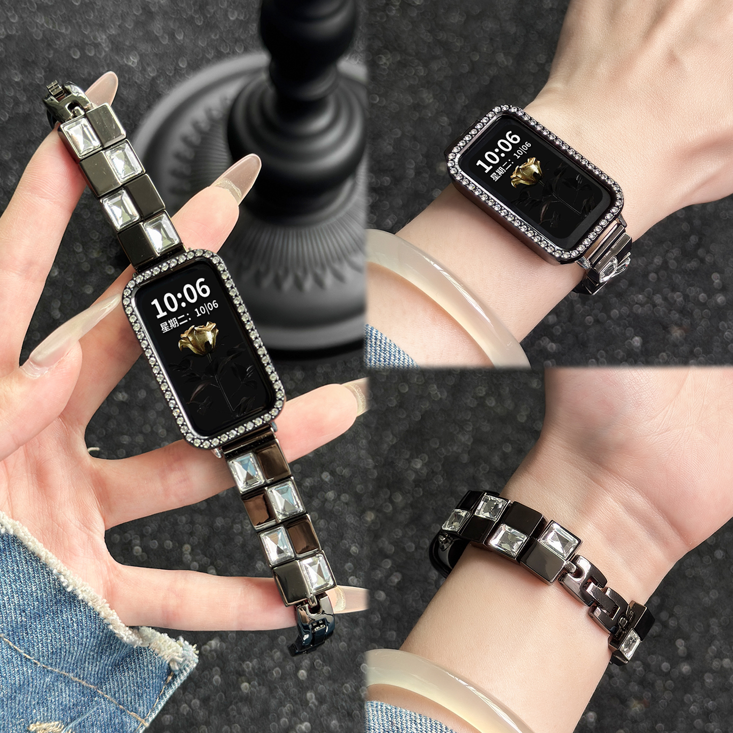 适用华为手环10表带新品手表band9/8创意小冰块7nfc金属锆石链式镶钻高级感女款荣耀10/9保护套壳JY透气夏季