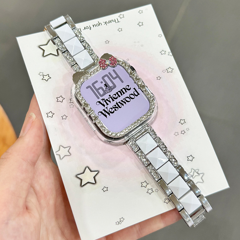 适用苹果手表表带s10女款iwatch表带s11新款watchS9仿陶瓷镶钻applewatch夏天series8表壳高级感腕带se