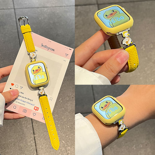 【小黄鸭】适用苹果手表表带s10新款iwatch s11荔枝纹真皮AppleWatch9高级感s876男女款夏季智能se专用保护套