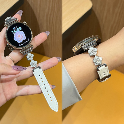适用华为gt6手表表带gt5智能GT4运动watch5新款山茶花gt6Pro金属拼真皮质腕带男女款WATCH4/3高级感JY秋冬季