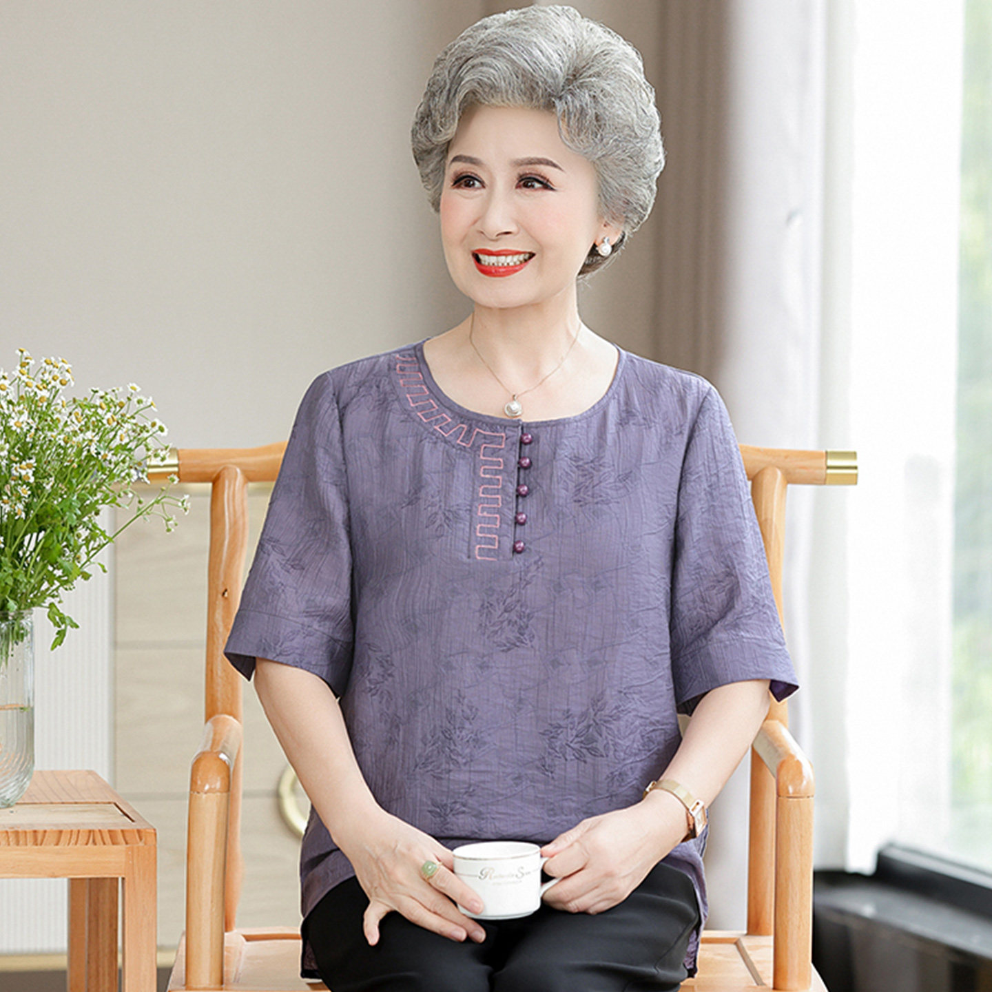 奶奶夏装短袖T恤70岁80妈妈上衣服装老人老太太夏装女套装