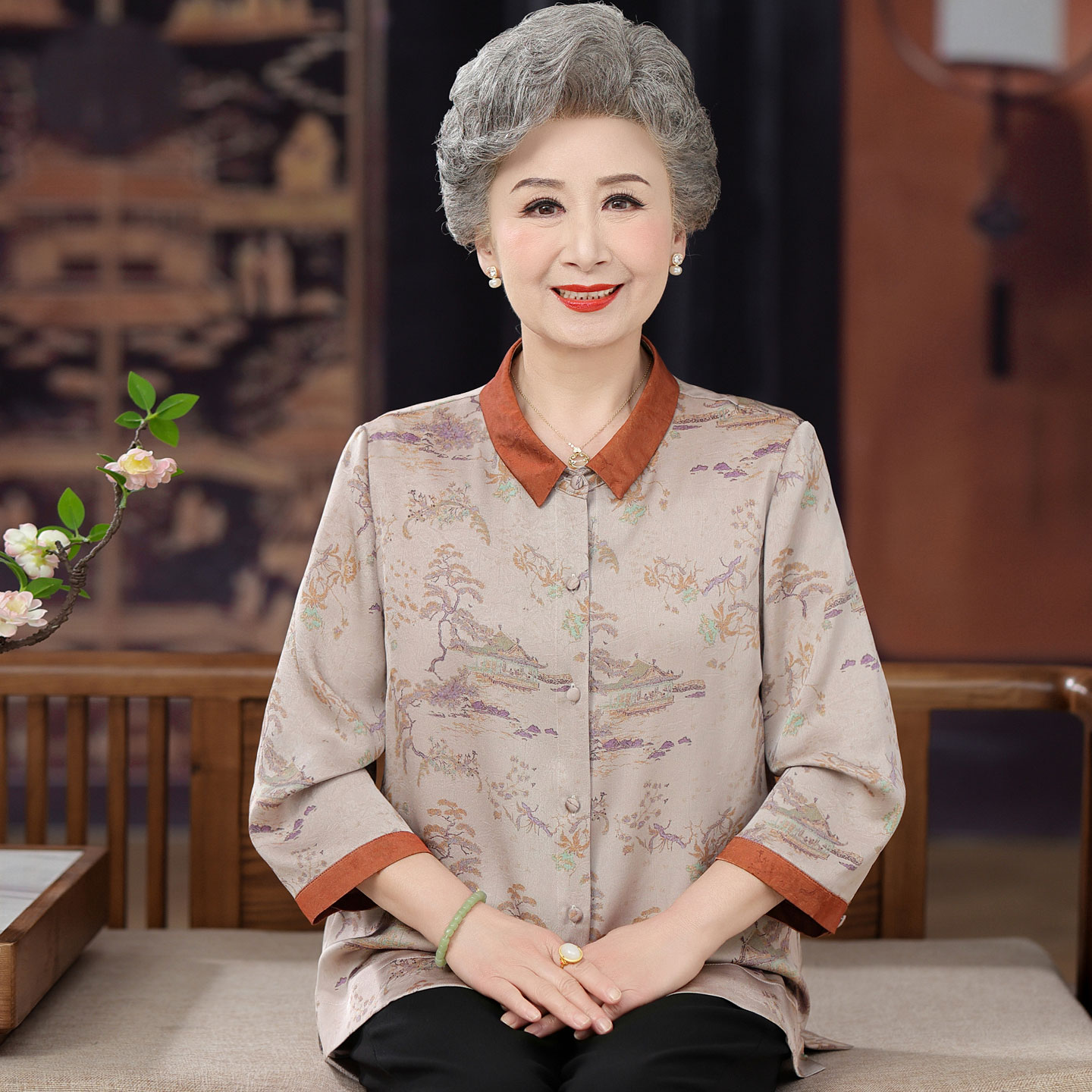 奶奶夏装真丝衬衫女妈妈国风衬衣