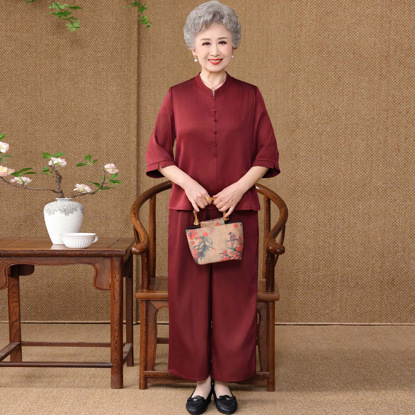 老年人夏装真丝衬衫女