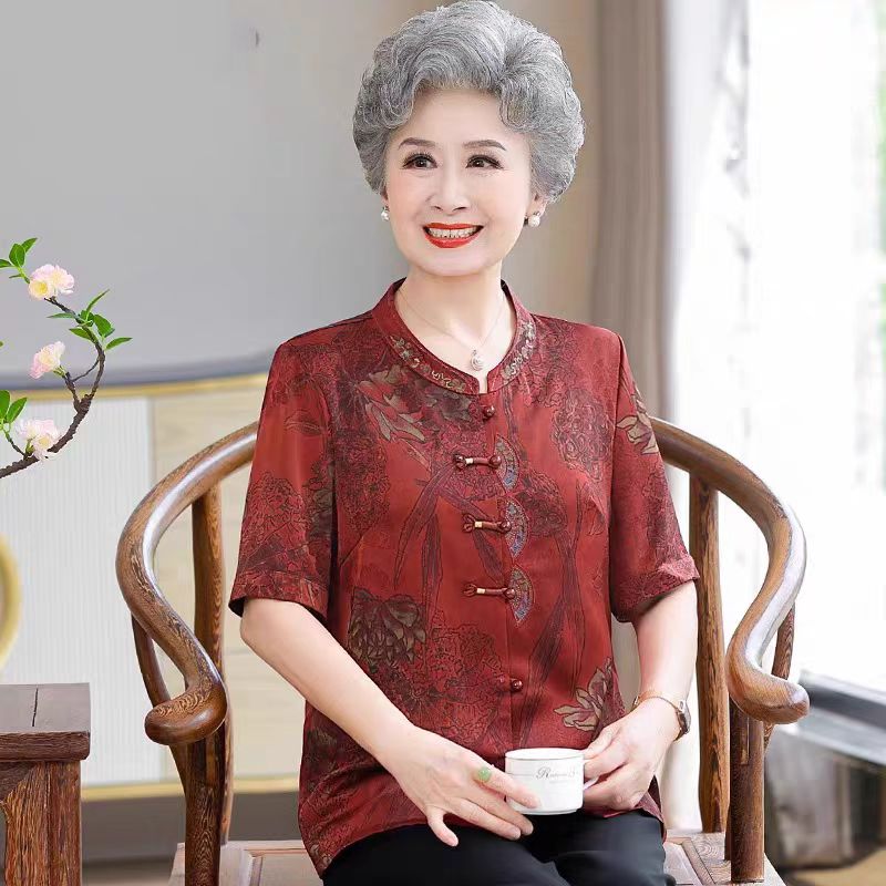 真丝短袖唐装衬衫奶奶夏装