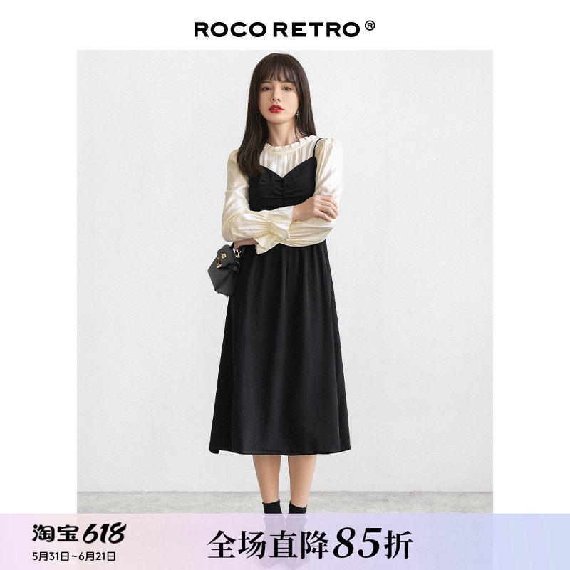 ROCO复古法式黑色吊带裙两件高级