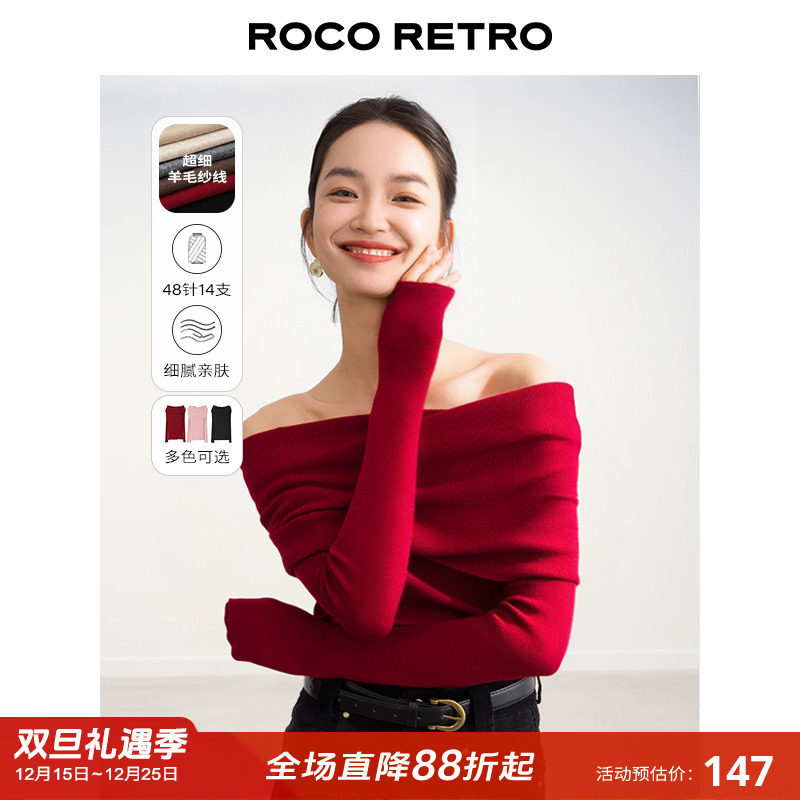 ROCO超细羊毛一字肩露肩上衣毛衣