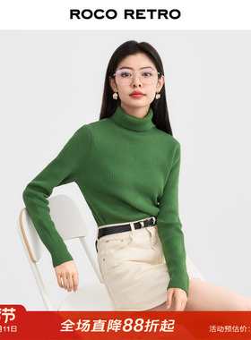 【超值精选】复古绿色高领加厚针织衫女秋季修身内搭打底衫毛衣