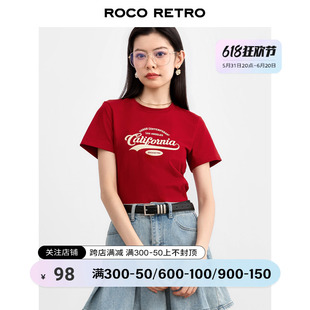 ROCO美式 t恤女夏bm风红色短上衣 复古California字母印花正肩短袖