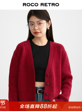 ROCO秋季新款时髦短款坑条新年红色V领针织开衫毛衣保暖港风外套