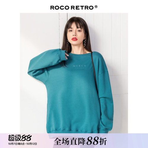 ROCO复古立体印花技术湖水蓝卫衣