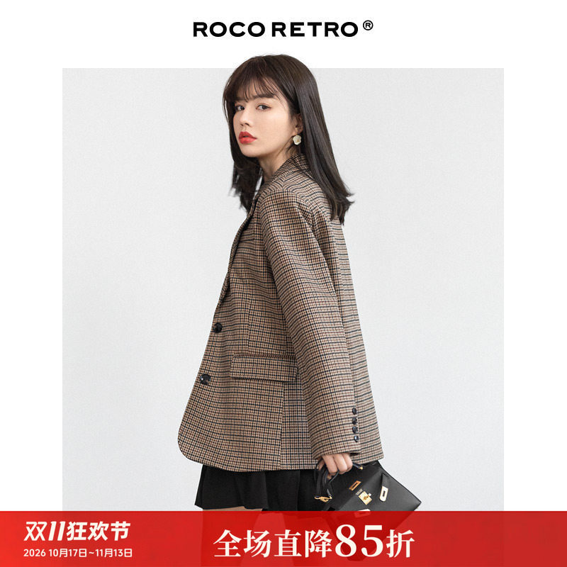ROCO复古毛呢格子西装外套女秋冬加厚小众设计感英伦风休闲小西服