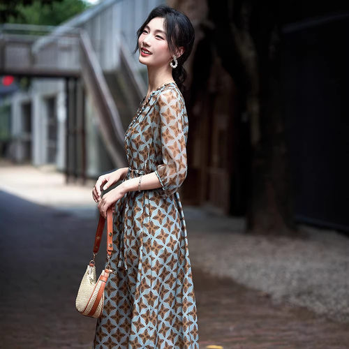 80102夏季新品女装加厚单层印花真丝连衣裙碎花无内衬598-360