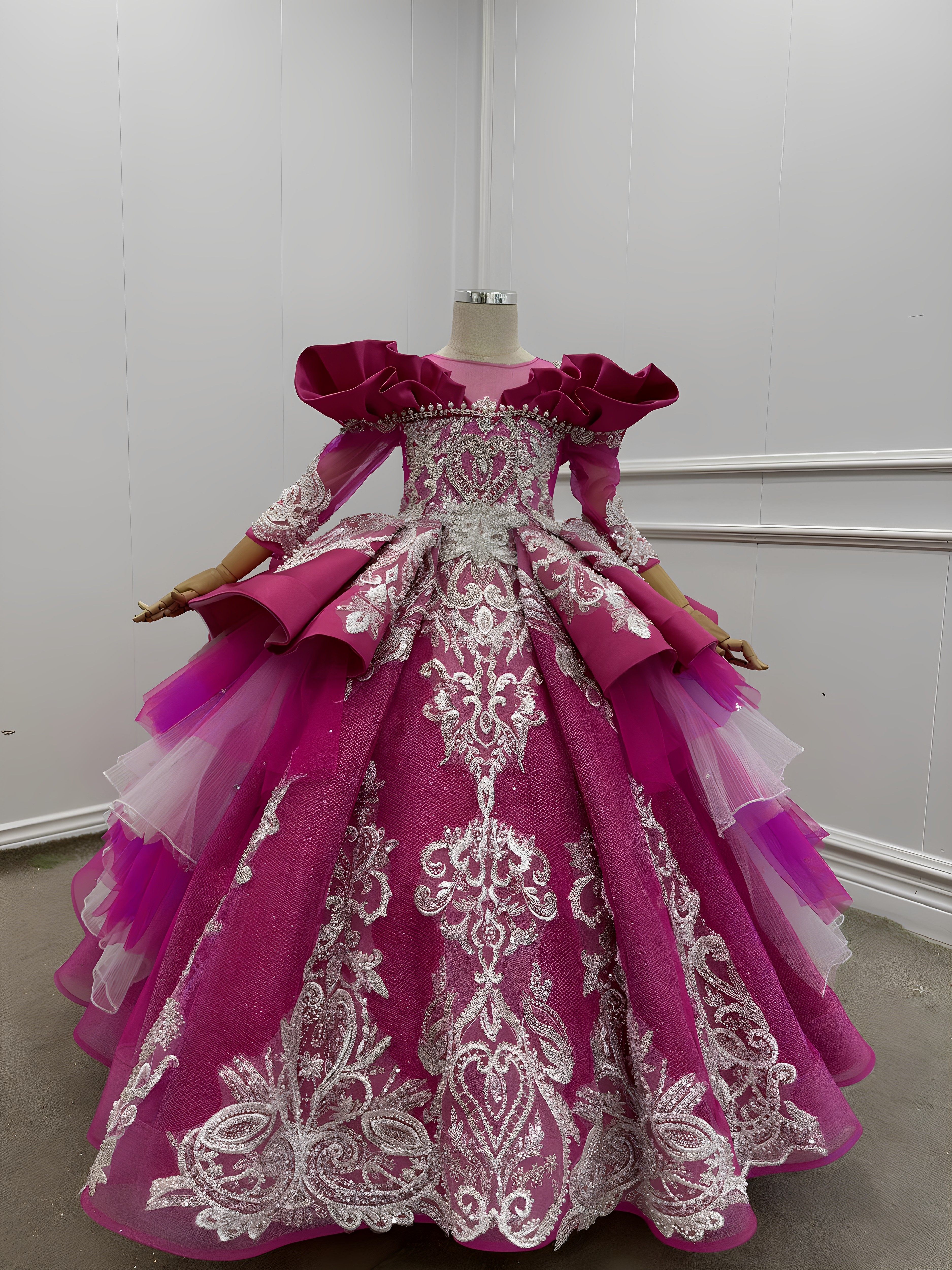 出租高端重工玫红色拖尾长袖女童礼服走秀主持钢琴演出生日唱歌