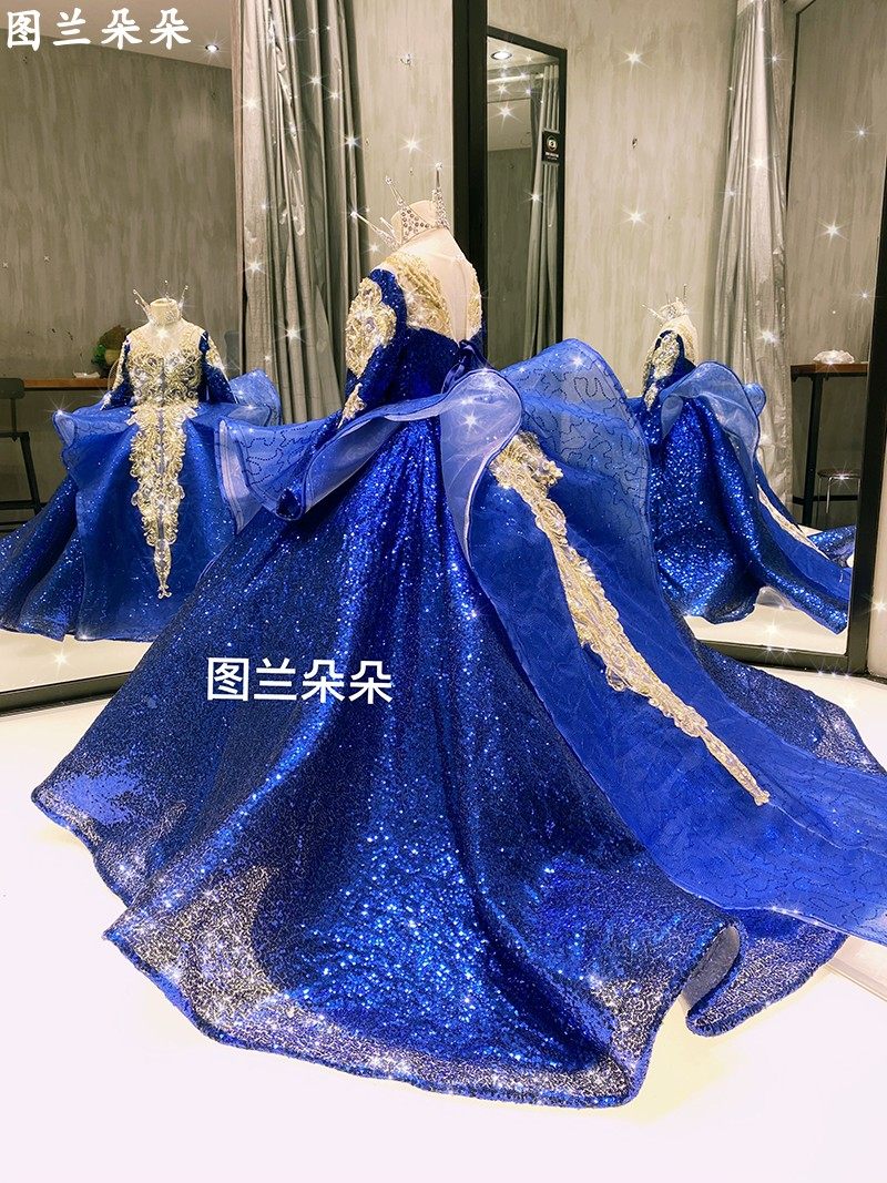 出租高档奢华亮片拖尾长袖女童礼服模特走秀主持唱歌钢琴唱歌深海