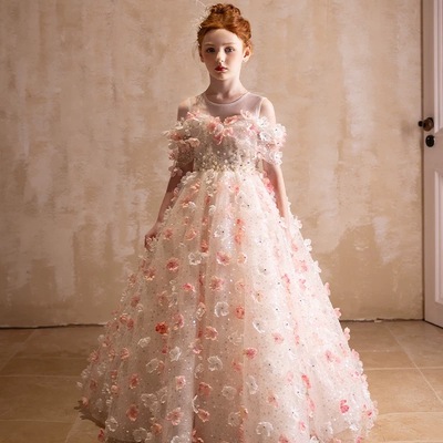 出租重工花仙子齐地粉色女童礼服公主裙生日主持人走秀钢琴演出服