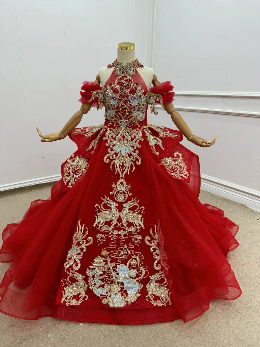 出租红色高端拖尾新中式女童礼服模特走秀主持人唱歌生日钢琴演出