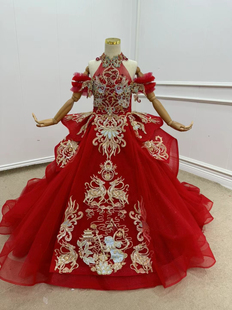 出租红色高端拖尾新中式女童礼服模特走秀主持人唱歌生日钢琴演出