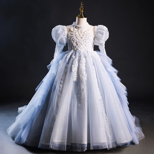 出租高端在逃公蓝色长袖儿童礼服模特走秀钢琴演出生日重工公主裙