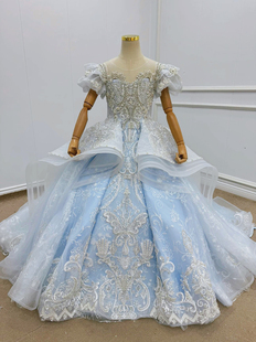 出租高端重工蓝色长袖女童礼服走秀主持钢琴演出生日花童女童礼服