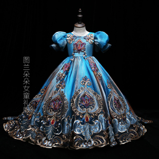 出租高档华服宫廷风中国风拖尾女童礼服模特走秀钢琴生日唱歌