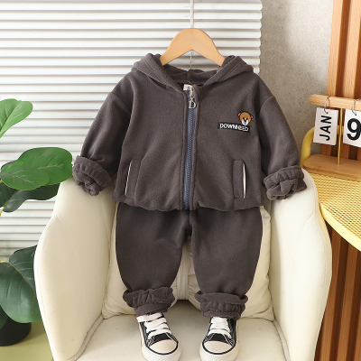 男童卡通连帽卫衣套装秋冬加绒拉链衫宝宝休闲洋气保暖两件套装
