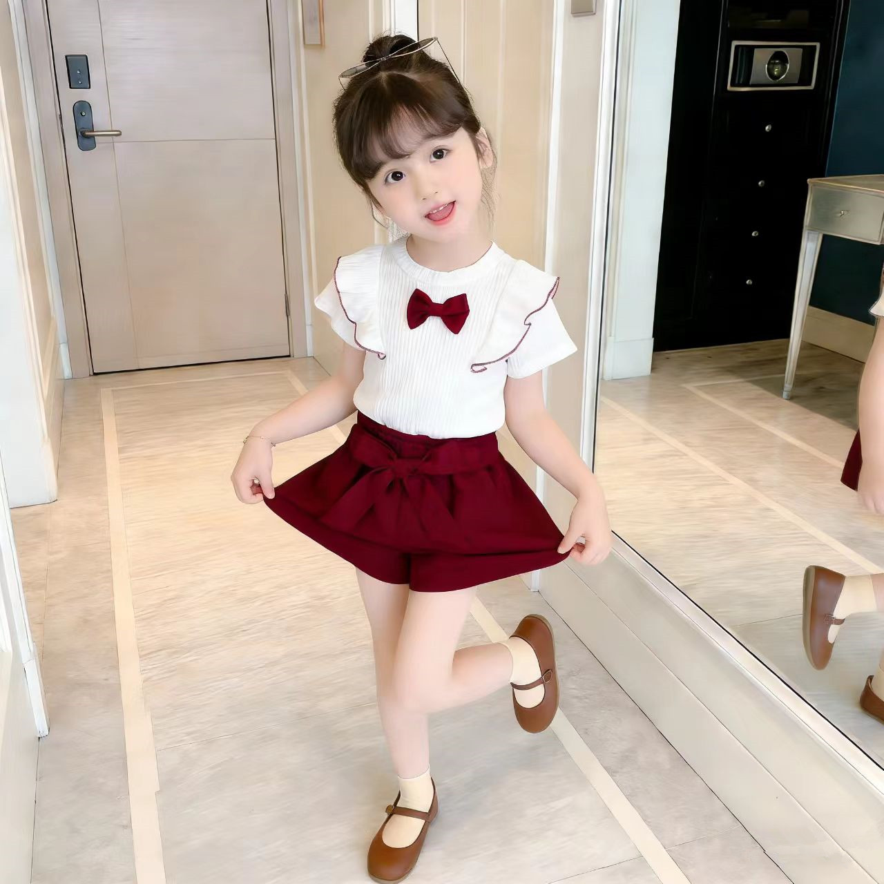 女童夏装短袖蝴蝶结套装2026新款宝宝夏季洋气儿童薄款休闲两件套