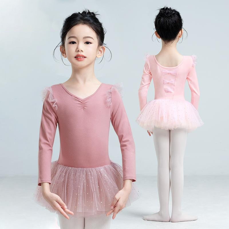儿童舞蹈服女童秋冬长袖芭蕾舞公主纱裙粉色幼儿中国舞跳舞练功服