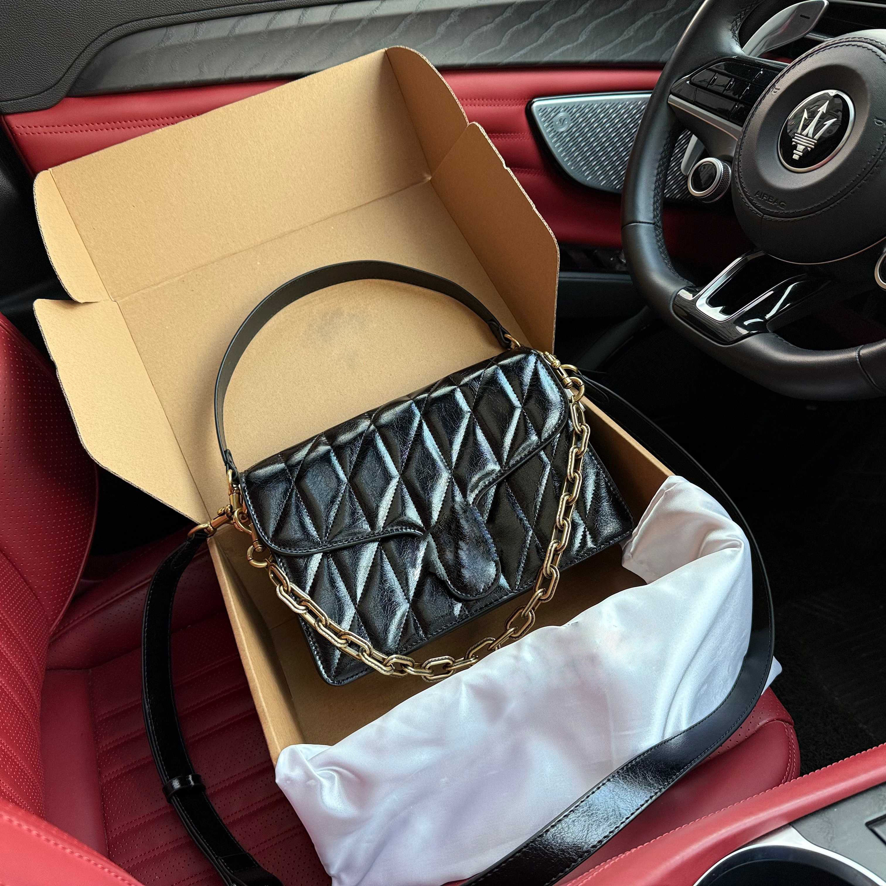 2026新款菱格链条手提包时尚百搭单肩斜挎包黑色小方包949338