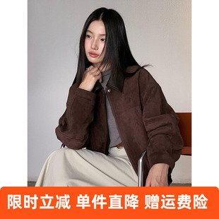 【】美式复古皮领拼接仿麂皮外套2女025秋季新款机车服n426c