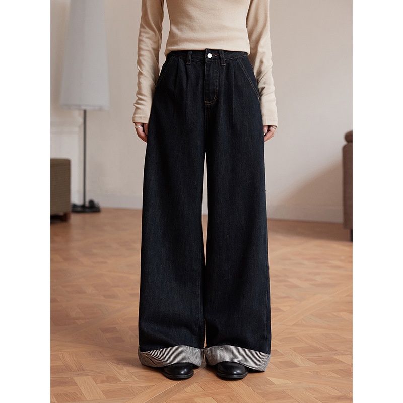 【牛皮纸】法式复古拼接条纹卷边裤脚牛仔裤秋季阔腿裤n605c