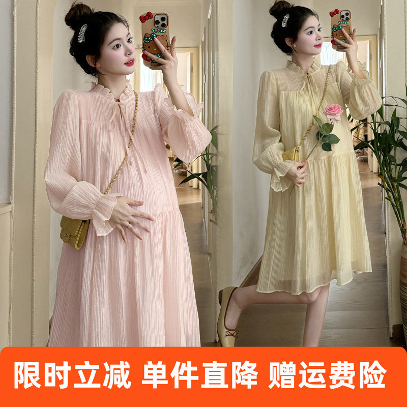 实拍现货~2025春季新款宫廷风长袖宽松仙女裙甜美孕妇连衣裙