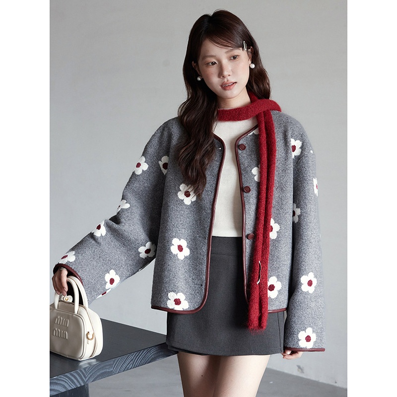【花系秋甜】法式复古花朵毛呢拼皮外套女冬季新款大衣n715c