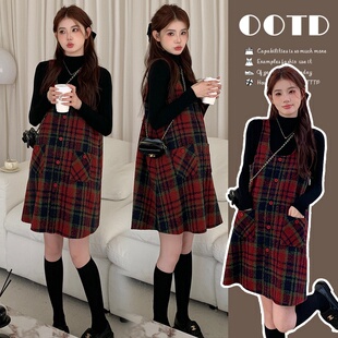 毛呢格子背带裙 实拍现货 2024秋冬宽套装 韩版 毛衣两件套连衣裙