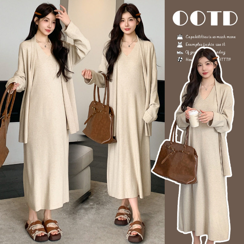 2026早春新款韩版长袖针织披肩宽松气质两件套孕妇打底连衣裙套装,孕妇装/孕产妇用品/营养,套装,淘宝优惠券,粉丝福利购,淘宝优惠卷