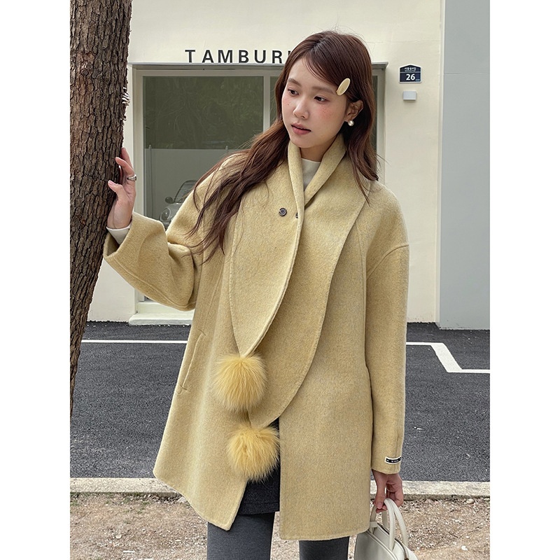 【青森降雪季】毛球围巾双面呢子大衣女冬季中长款外套w899c