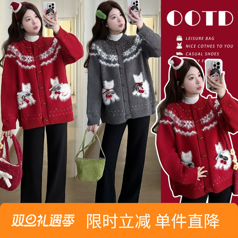 实拍 冬季加厚保暖圣诞雪花减龄毛衣外套+打底衫+裤子潮妈三件套