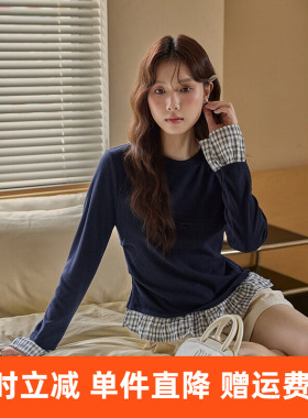 【美区学姐】韩系通勤假两件拼接t恤女冬季新款长袖上衣w666c