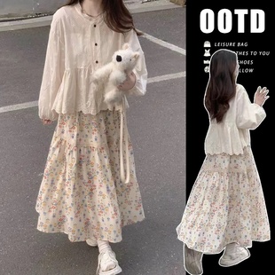 蕾丝半身裙孕妇套装 2025秋装 小众法式 白色小花衬衫 新款