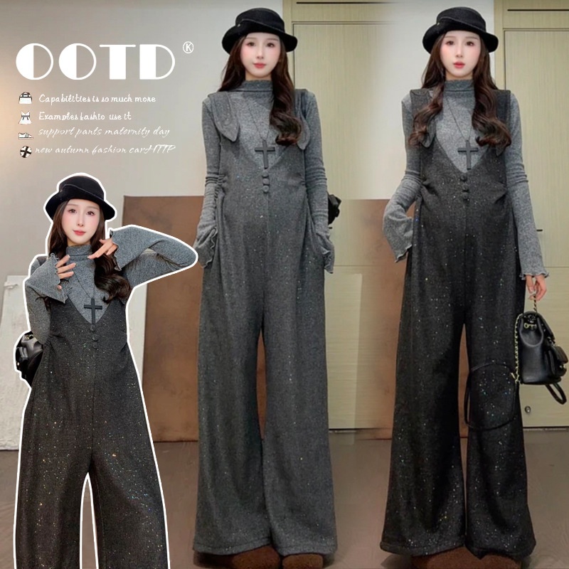 原创2025冬季针织打底+加绒加厚亮片背带裤孕妇两件套套装