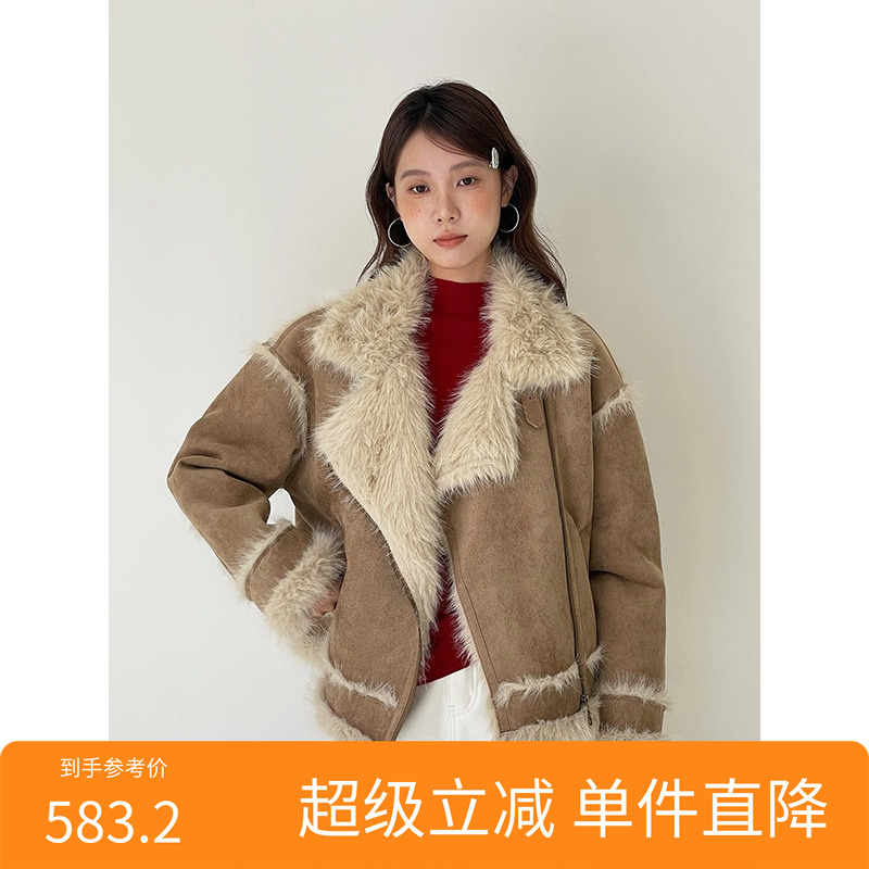 【绒光泡芙】复古皮毛一体仿麂皮绒外套女冬季新款上衣n779c