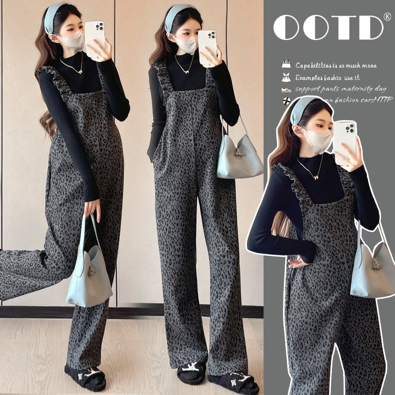 气质2025秋冬新款孕妇装外出韩版宽松大码时尚背带裤+打底毛衣