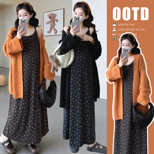 套装 孕妇装 加厚毛衣开衫 碎花慵懒风百搭磨毛吊带裙 2025秋冬新款