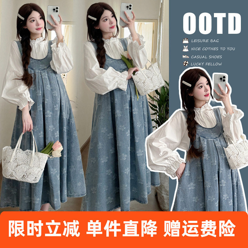 实拍新款现货 2025秋季新款甜美花朵宽松韩版牛仔背带裙两件套装