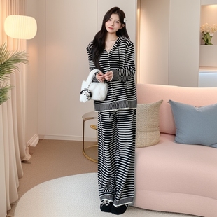 休闲孕妇 条纹连帽毛衣阔腿裤 2025秋冬新款 加厚慵懒风百搭经典
