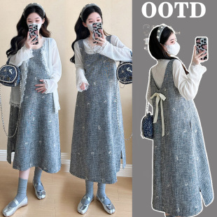 孕妇小香风蝴蝶结粗布花呢背心裙蕾丝2件套套装