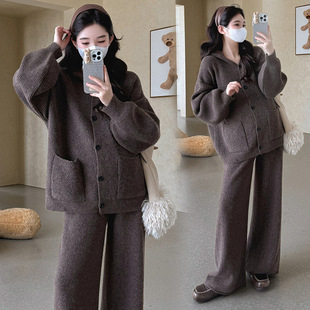 休闲连帽慵懒风加厚毛衣阔腿裤 时尚 两件套 2025秋冬新款 孕妇套装