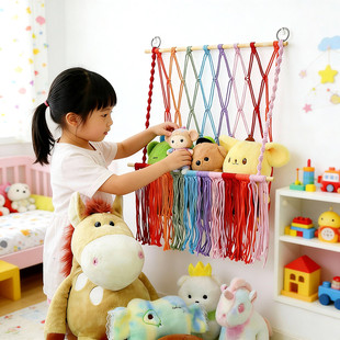 新款毛绒娃娃收纳网兜彩色螺纹收纳架玩具公仔展示架宿舍门后挂墙