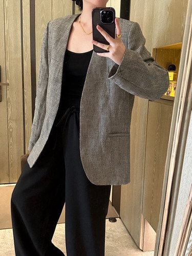 特价清仓不退换 tot亚麻灰色格纹薄款V领无扣西装长袖外套女