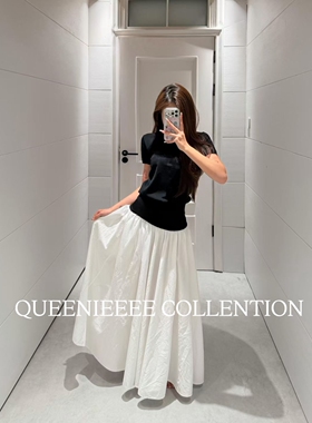 QUEENIE2026年春季 新款撞色裙腰A字型半身裙刺绣复古弹力腰半裙